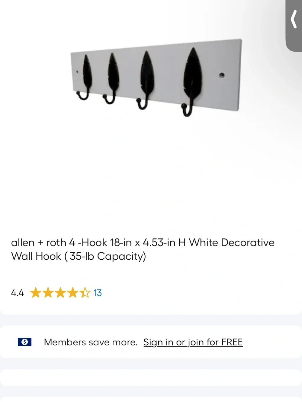 Allen + Roth Feather 4 Hook Wall Rack White Black Coat Hat Entry Organizer